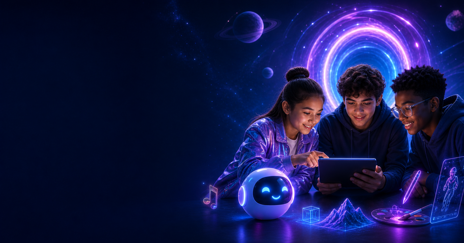 Tres adolescentes creando juntos con Nova en un universo digital